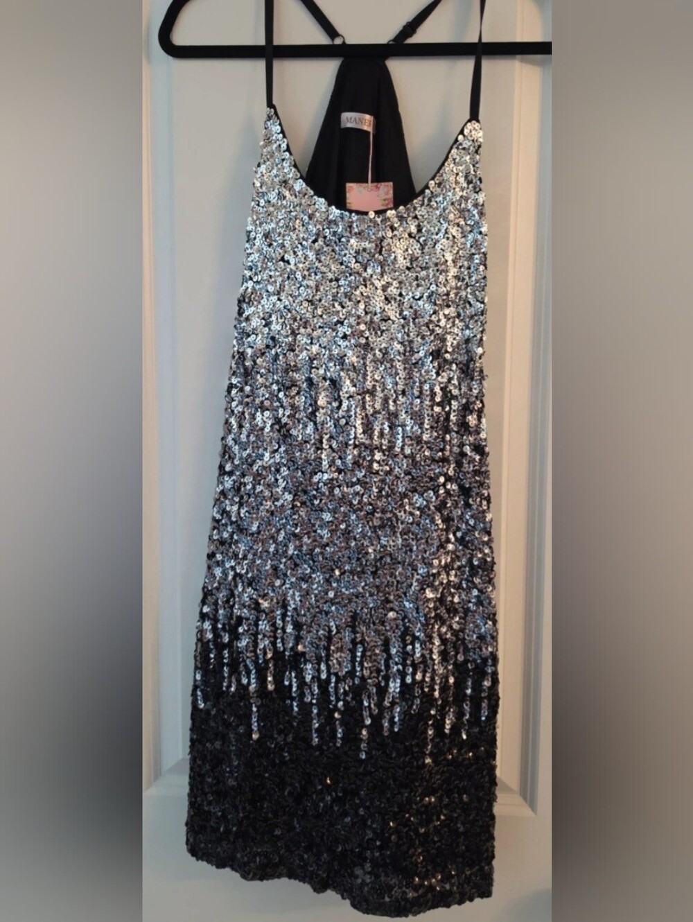 Maner Sequin Stretch Ombre Slip Dress - Silver to Black NWT Large